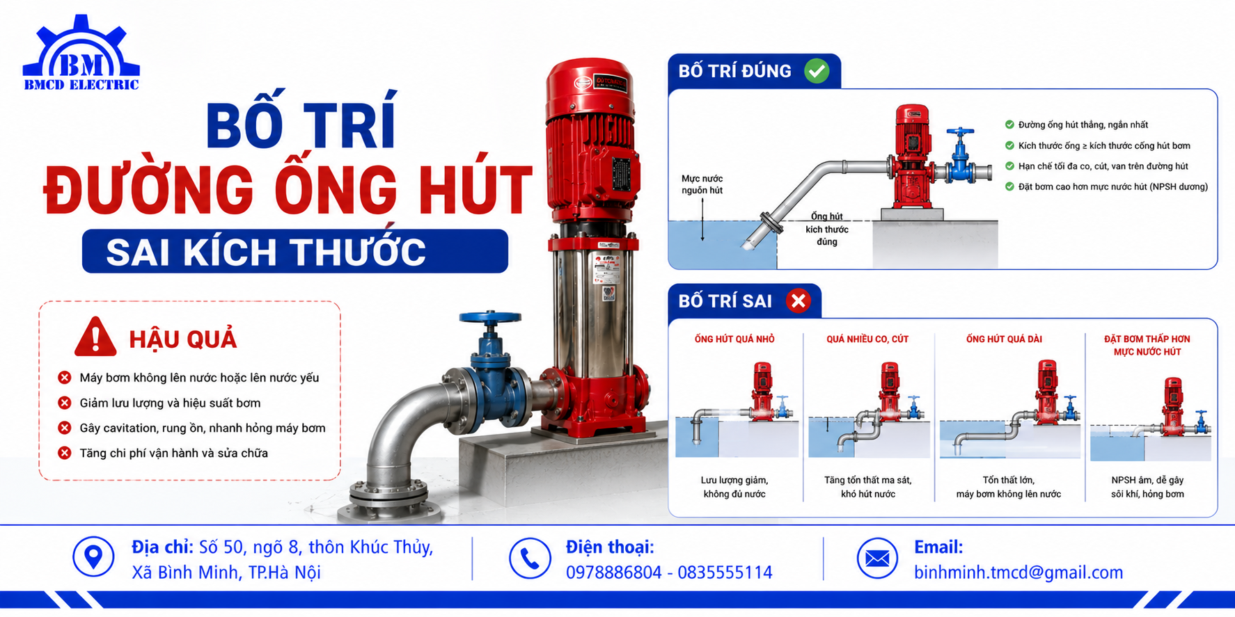 Bố trí đường ống hút sai kích thước